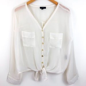White Sheer Gold Button Front Blouse Tie Hem